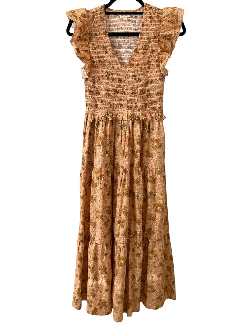 Smocked Ruffle Maxi Dress cottagecore hippie Tan Floral